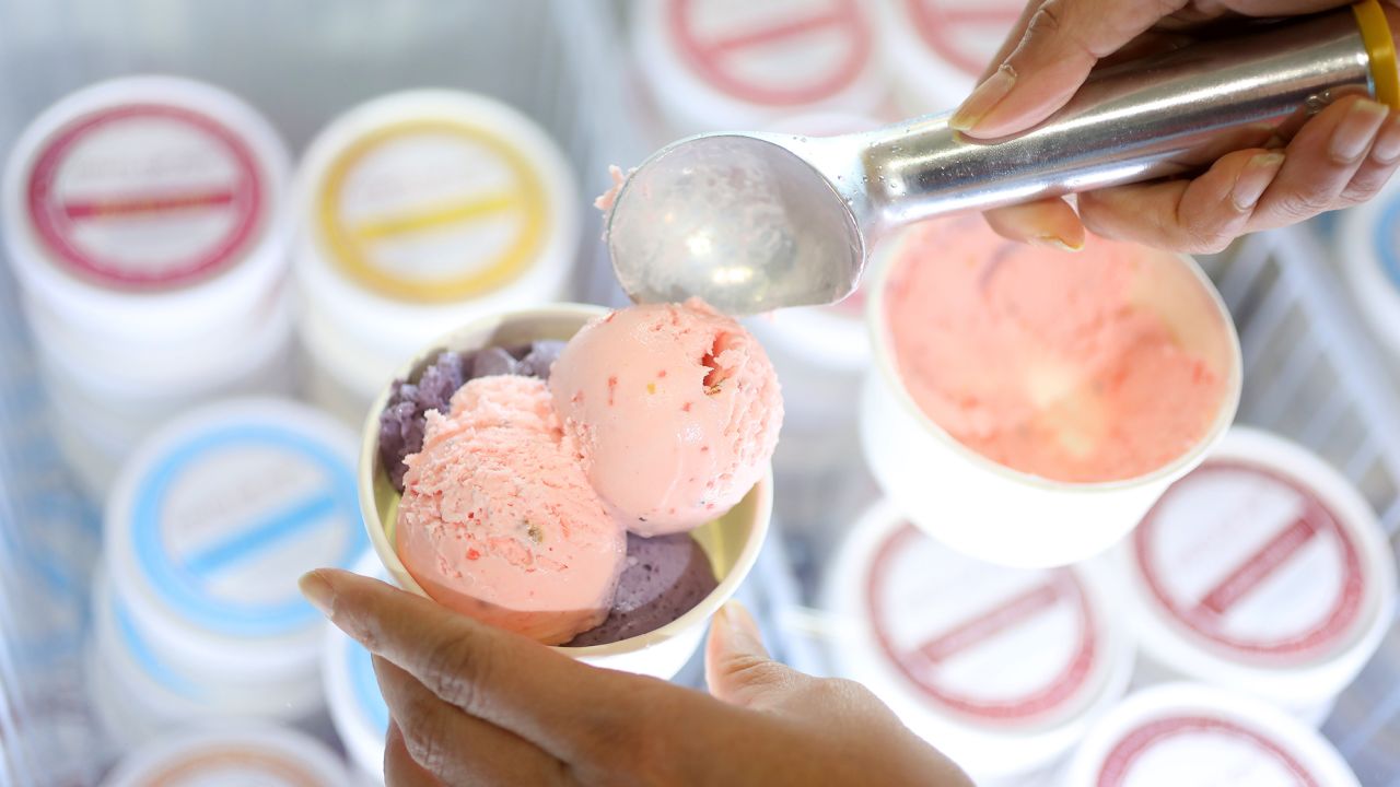 Scoops of Falooda ice cream are placed on top Blueberry Lavender ice cream at Pints of Joy in Sunnyvale, California. 